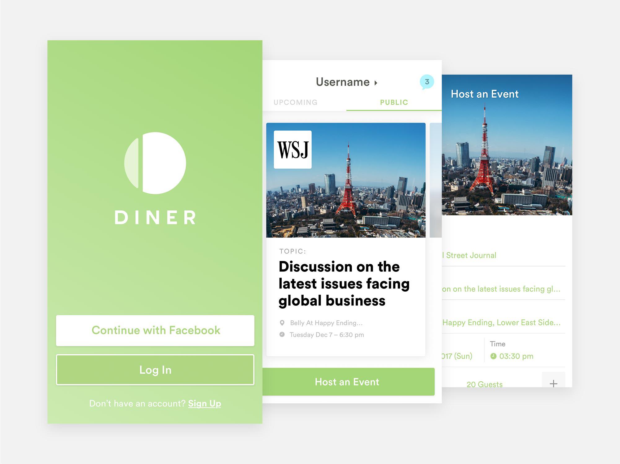 Diner app mockups with login screen and event cards