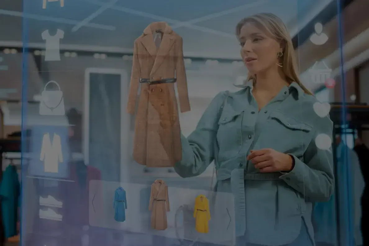 Woman using virtual fashion display to view a tan coat in a clothing store