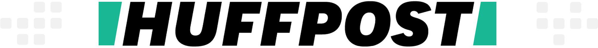 HuffPost logo in black italic text with teal bars on both sides
