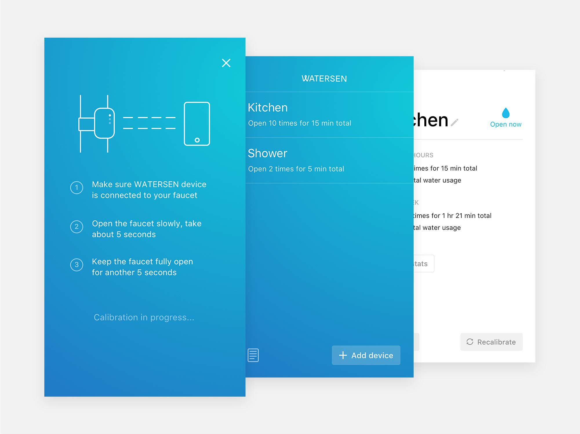 Blue app screens showing Watersen device calibration and water usage stats