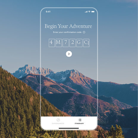 Transparent phone UI over mountain landscape with confirmation code