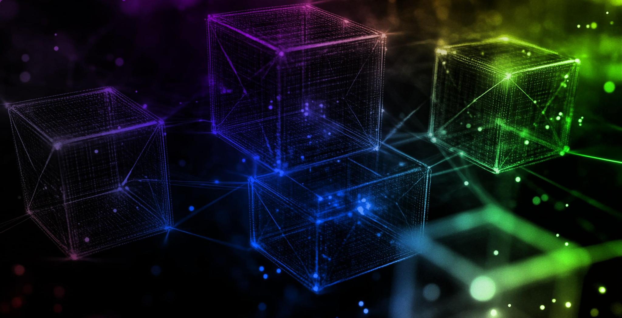 Glowing wireframe cubes on a dark digital background