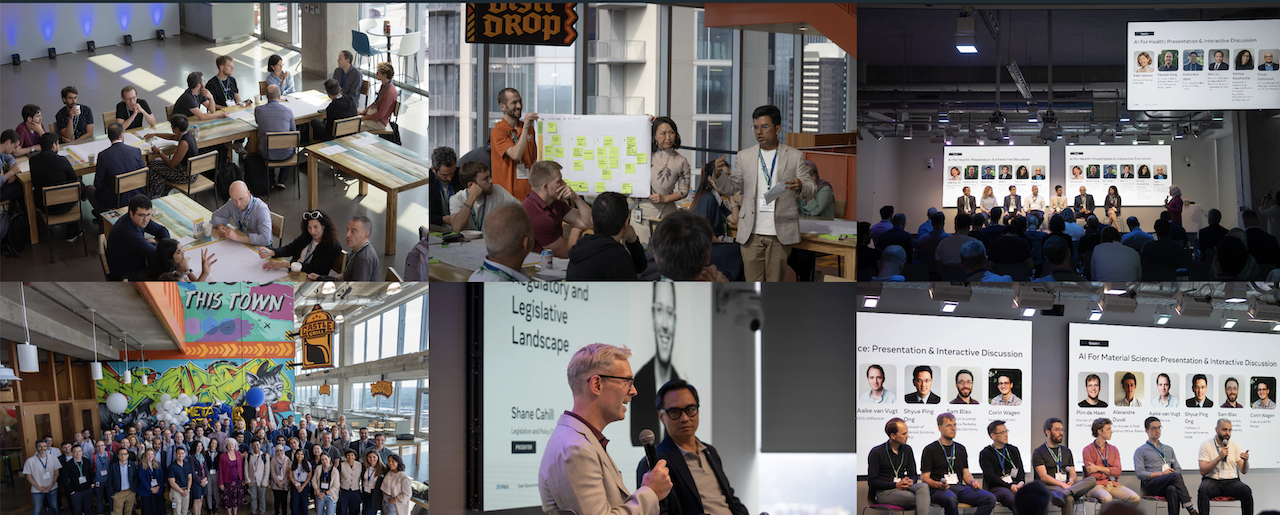 Collage of workshops, panels, presentations, and group events in conference settings