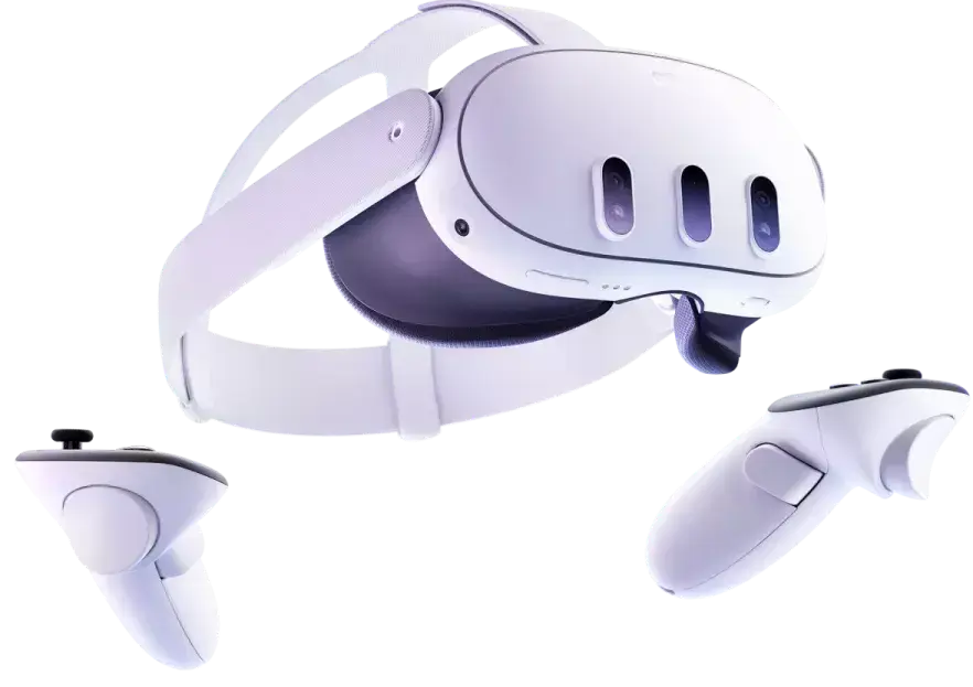 Meta Quest 3 headset with its two white controllers
