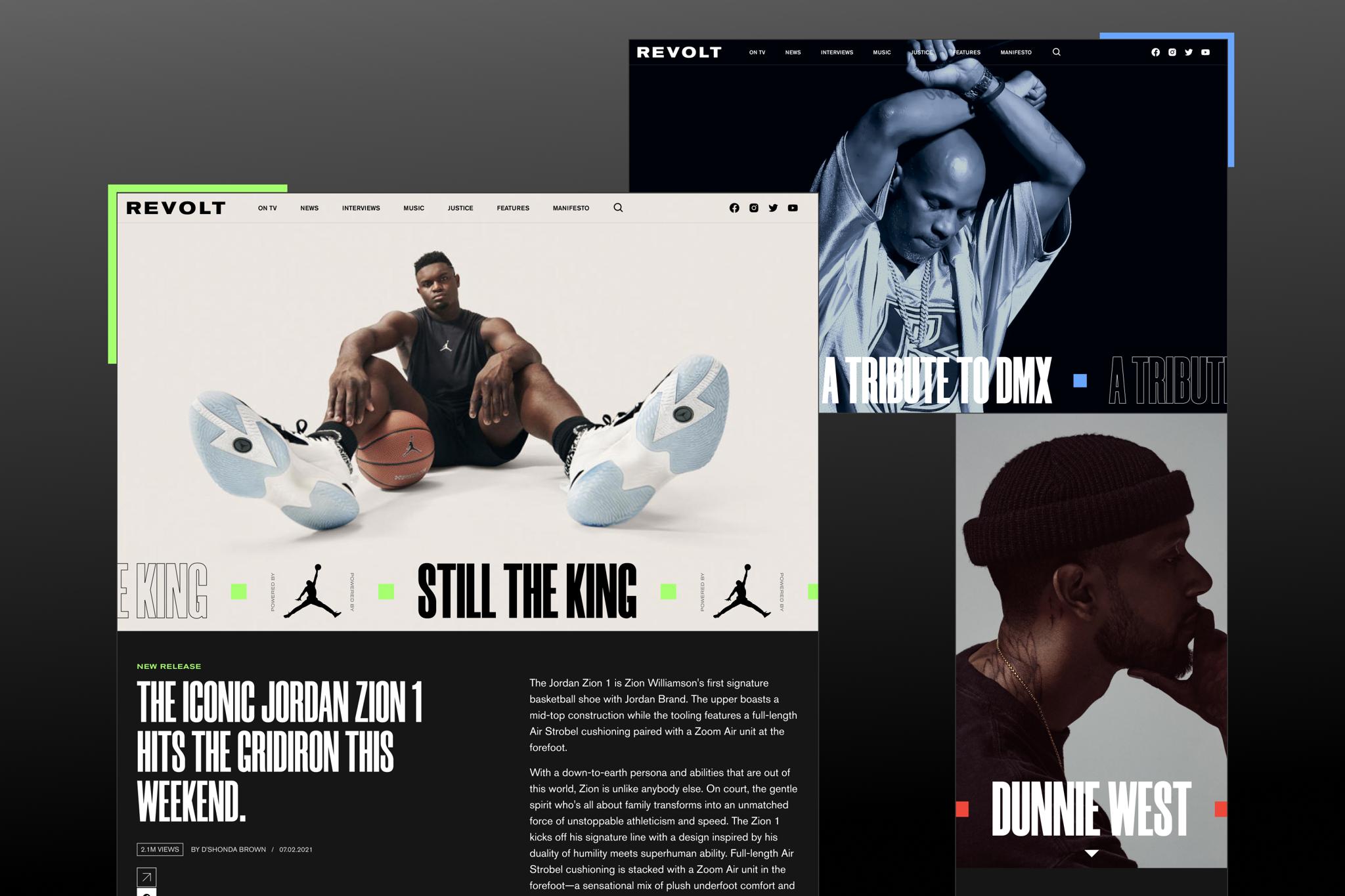 Revolt website mockups featuring sports and music articles on a dark background