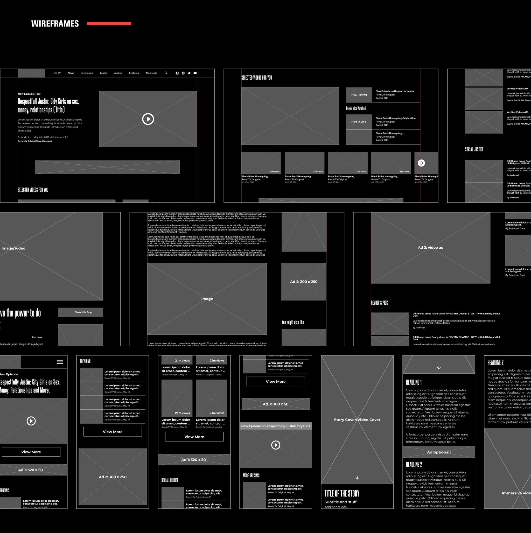 Dark UI wireframe layouts for a website with grids, content blocks, and placeholder images