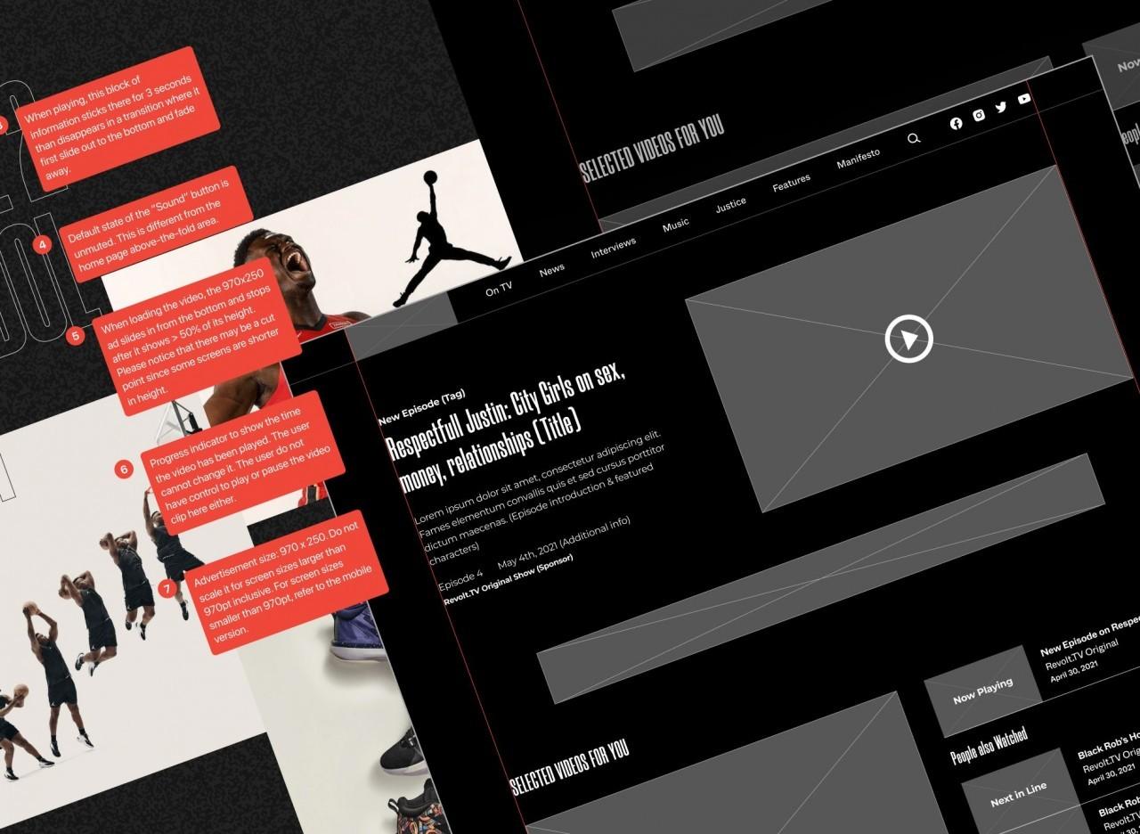 Overlapping website mockups with red annotation notes and video placeholders on a dark background