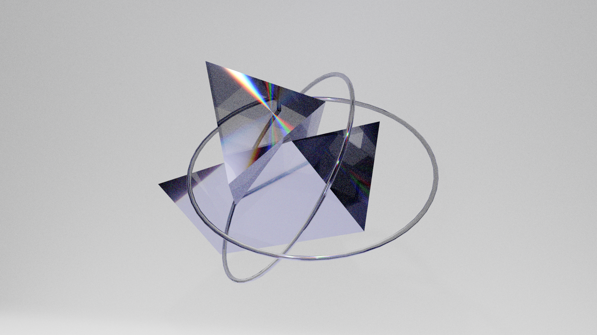 Abstract glass prisms and orbiting rings on a light gray background