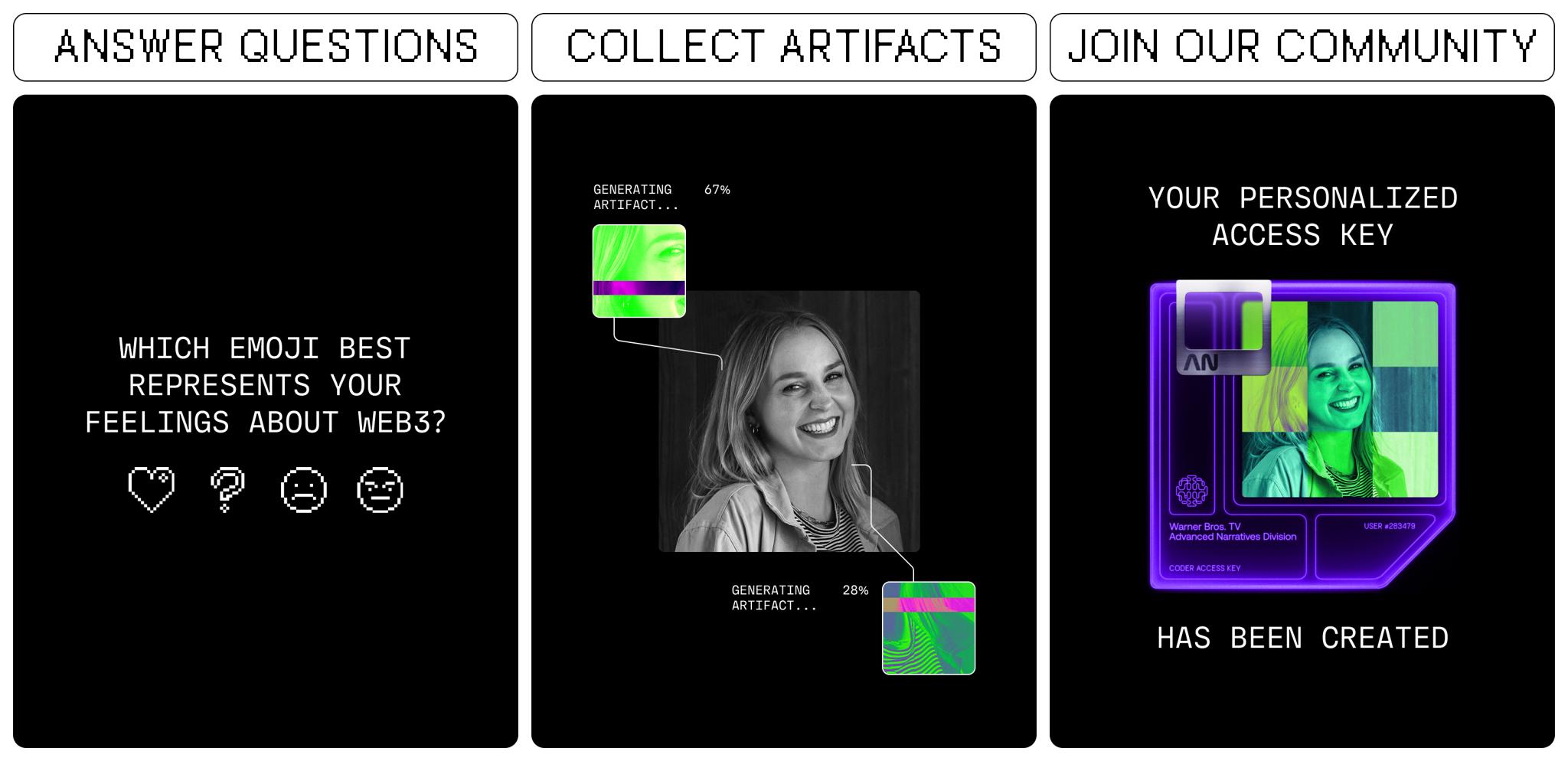 Three-step Web3 onboarding panels: answer questions, collect artifacts, join community