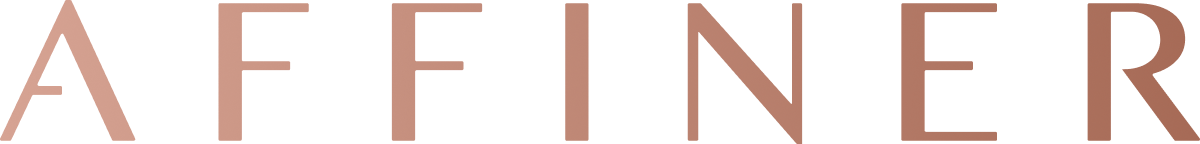AFFINER wordmark in pale peach lettering on black background