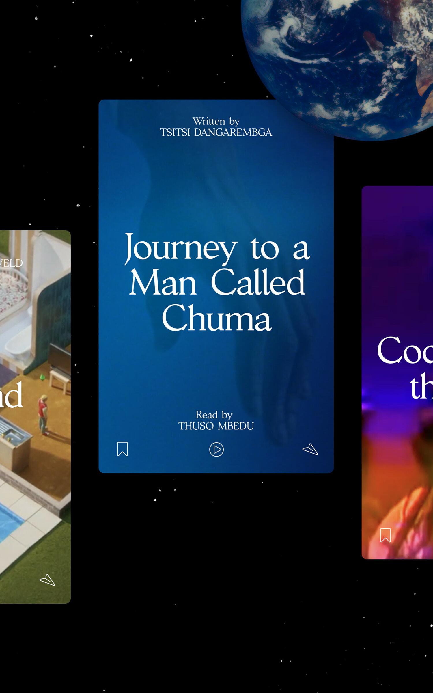Audiobook cover titled "Journey to a Man Called Chuma" floating in space with Earth above.