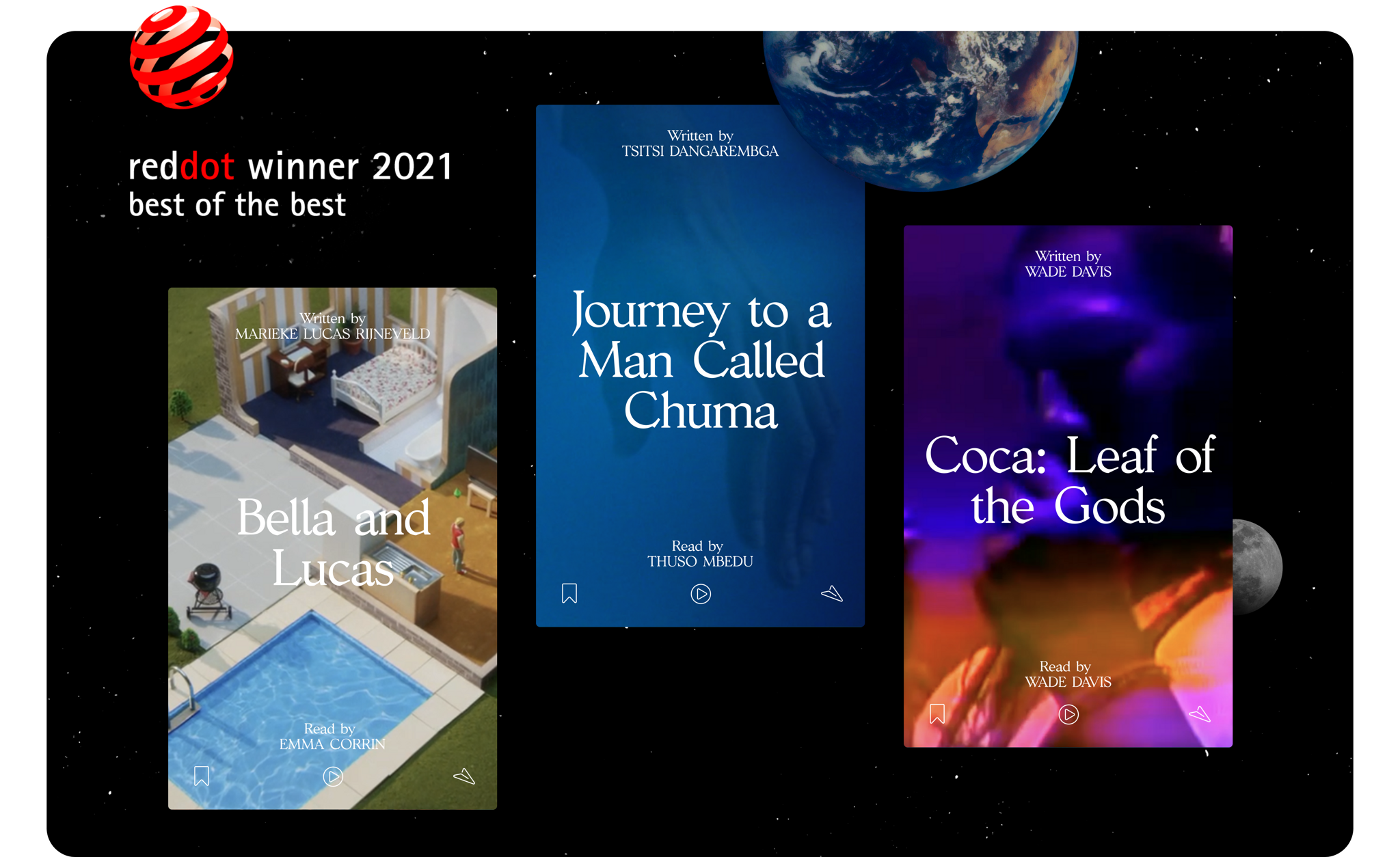 Red Dot winner 2021 display with three audiobook covers on a starry background.