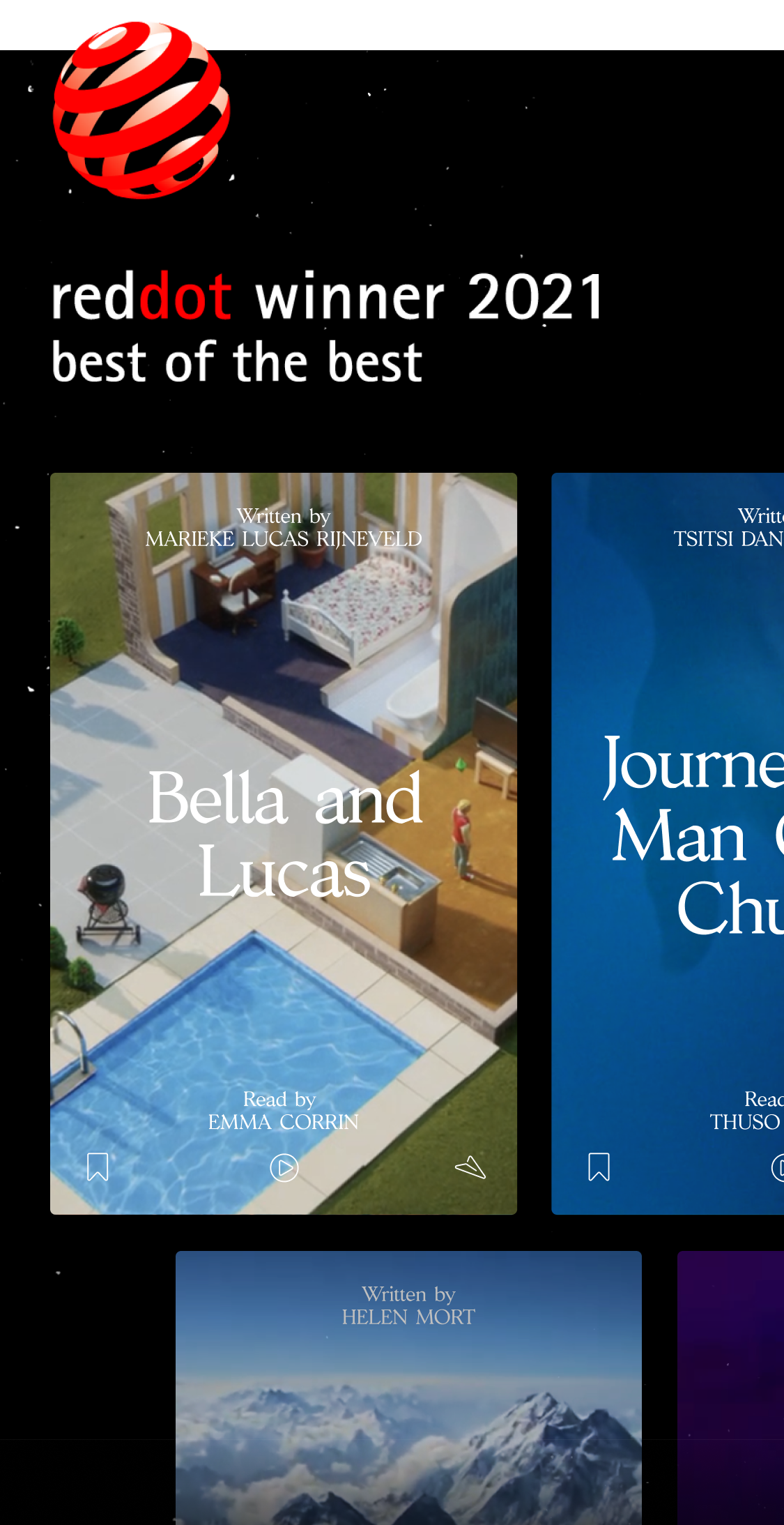 Red Dot winner 2021 banner with audiobook cover cards in a space-themed layout.