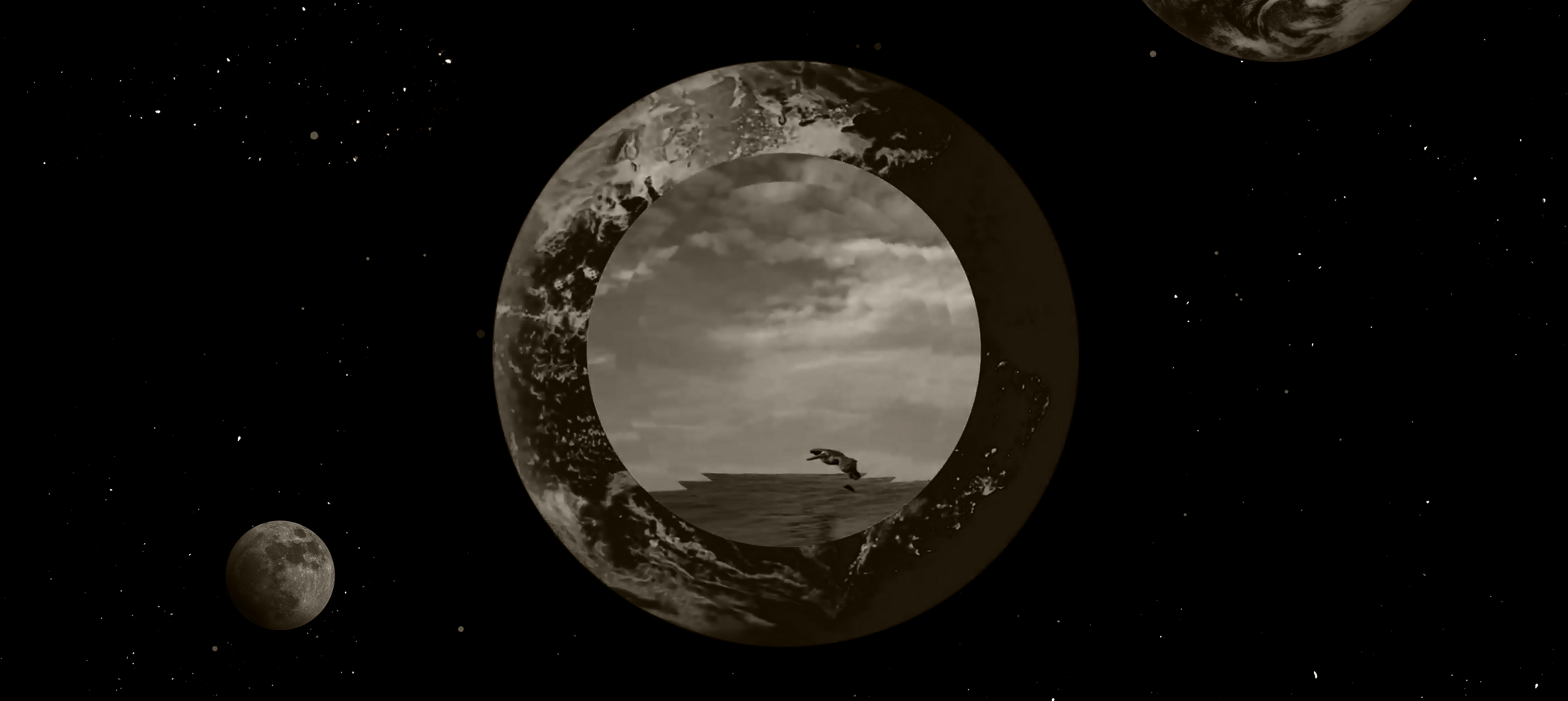 Planets floating in space with a circular landscape scene over the central planet