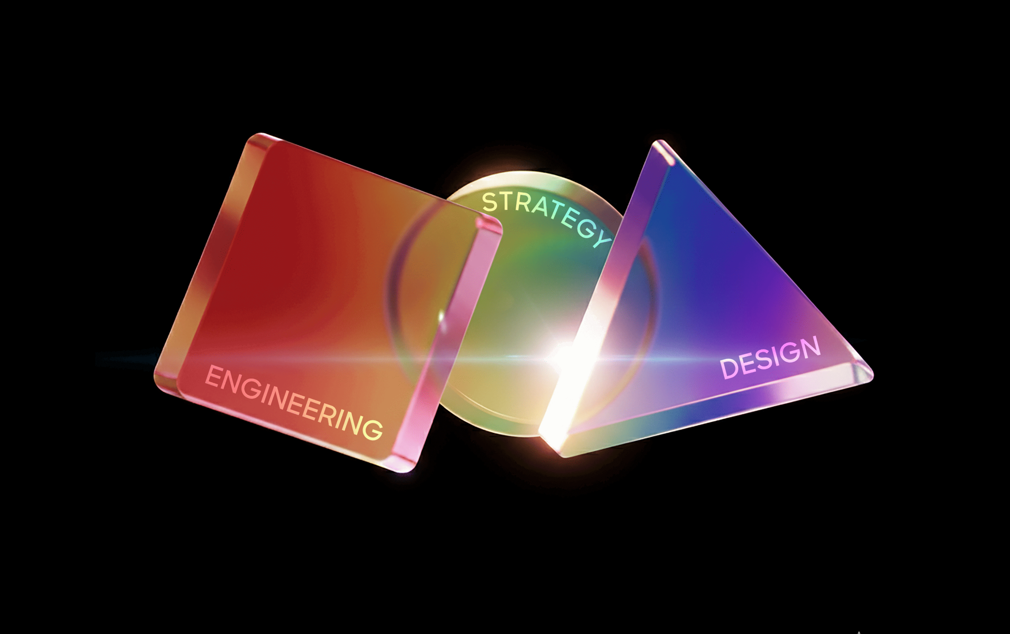 Colorful glass shapes labeled Engineering, Strategy, and Design on a black background