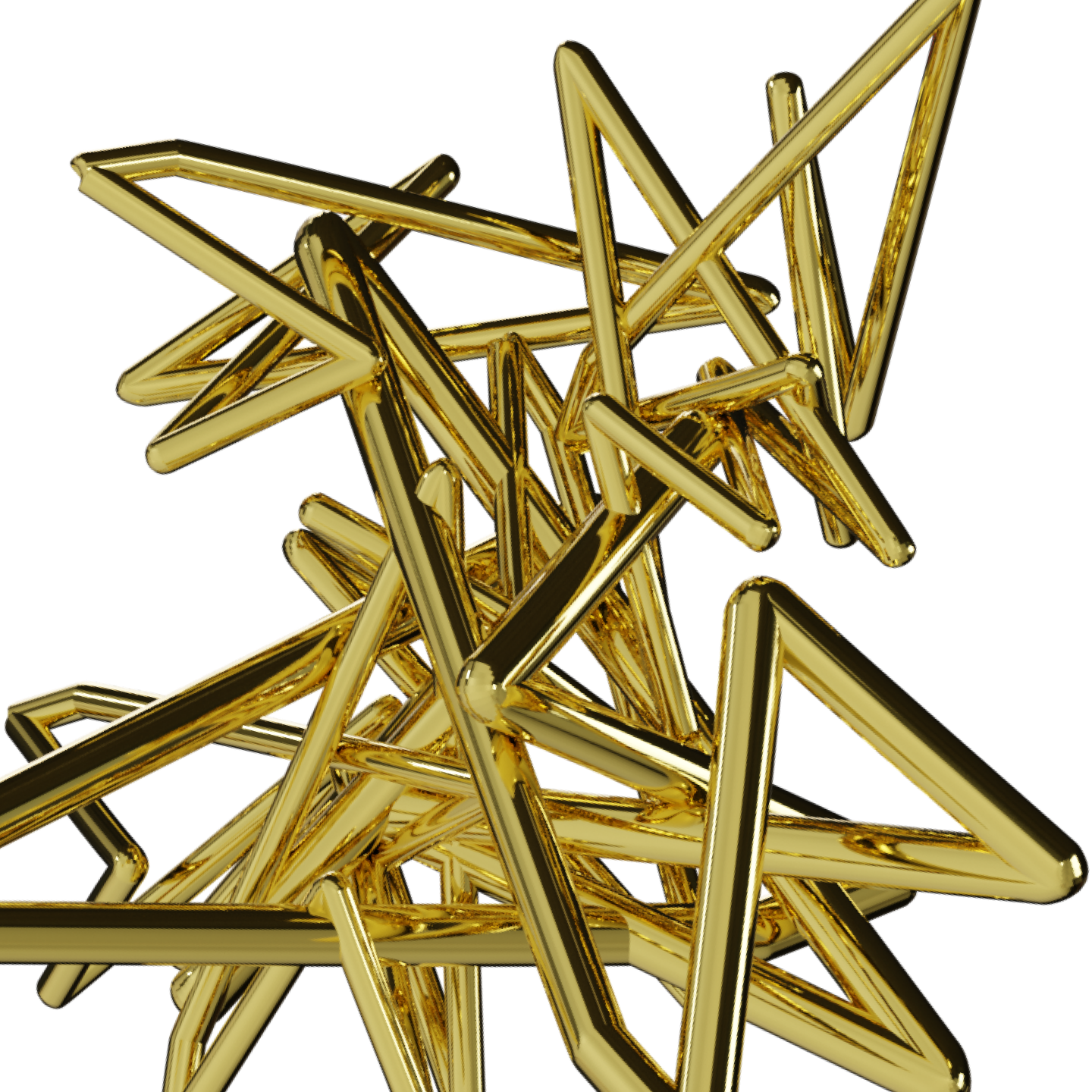 Cluster of shiny gold triangular rods on a white background