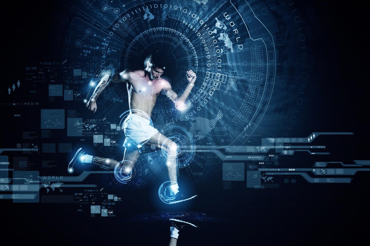 Runner with prosthetic blade leg overlaid with blue digital interface graphics