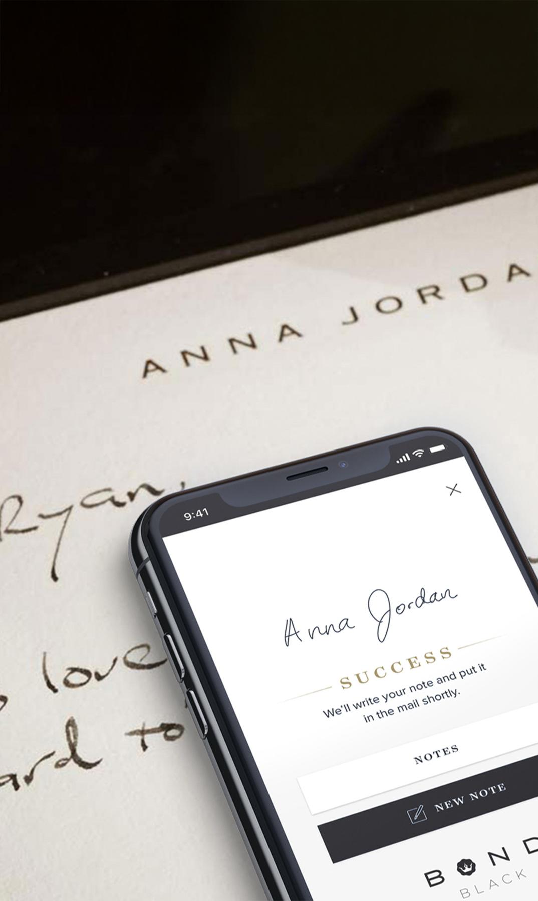 Phone screen showing an Anna Jordan note interface on branded stationery