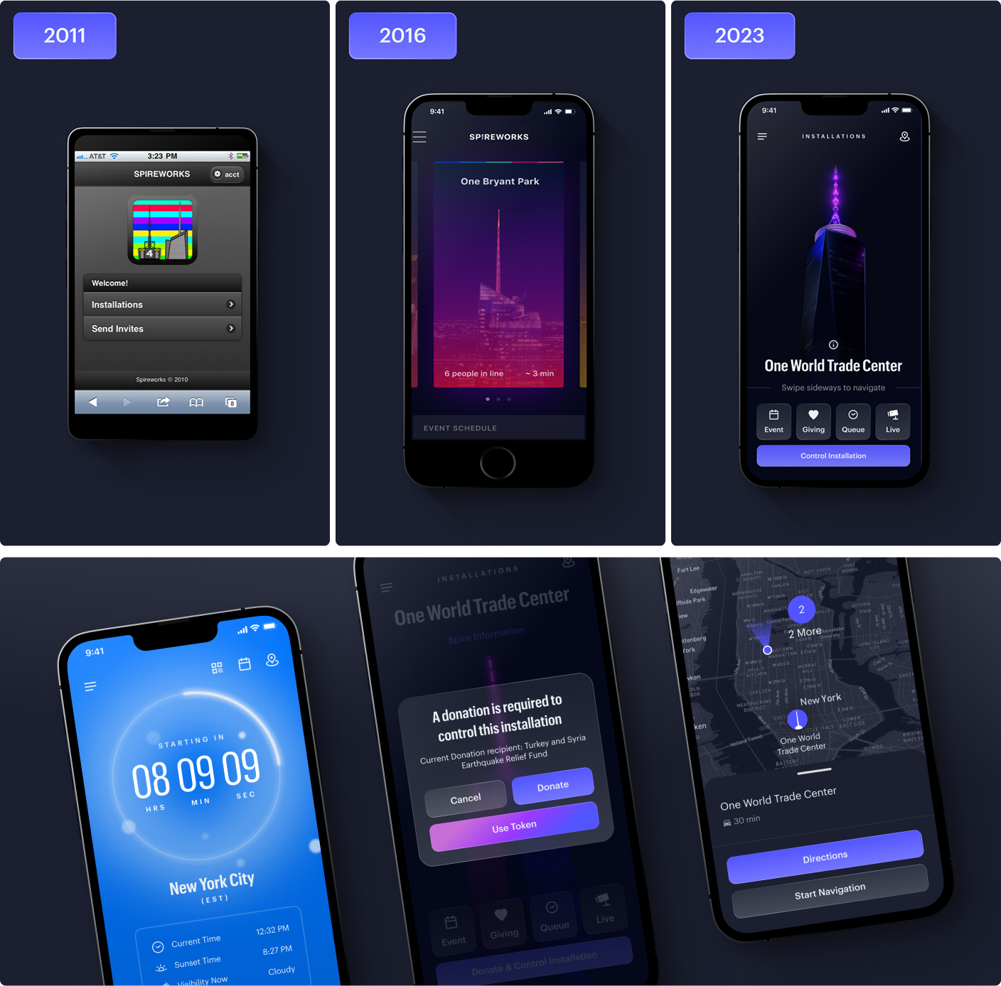 Spireworks app evolution collage with phone screens labeled 2011, 2016, and 2023