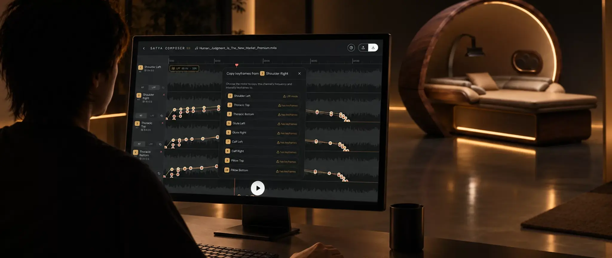 Wide Composer interface showing waveform tracks, keyframes, and an add keyframes dialog.