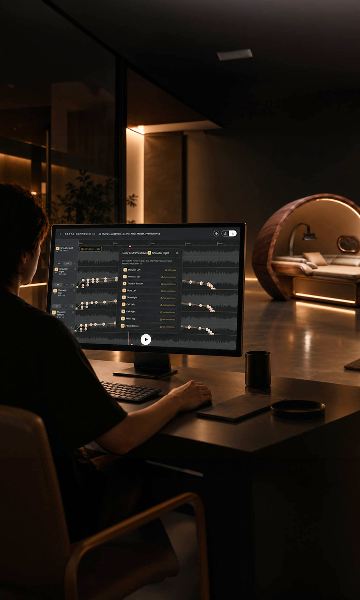 Wide crop of a desktop Composer interface with an illuminated bed pod in the background.