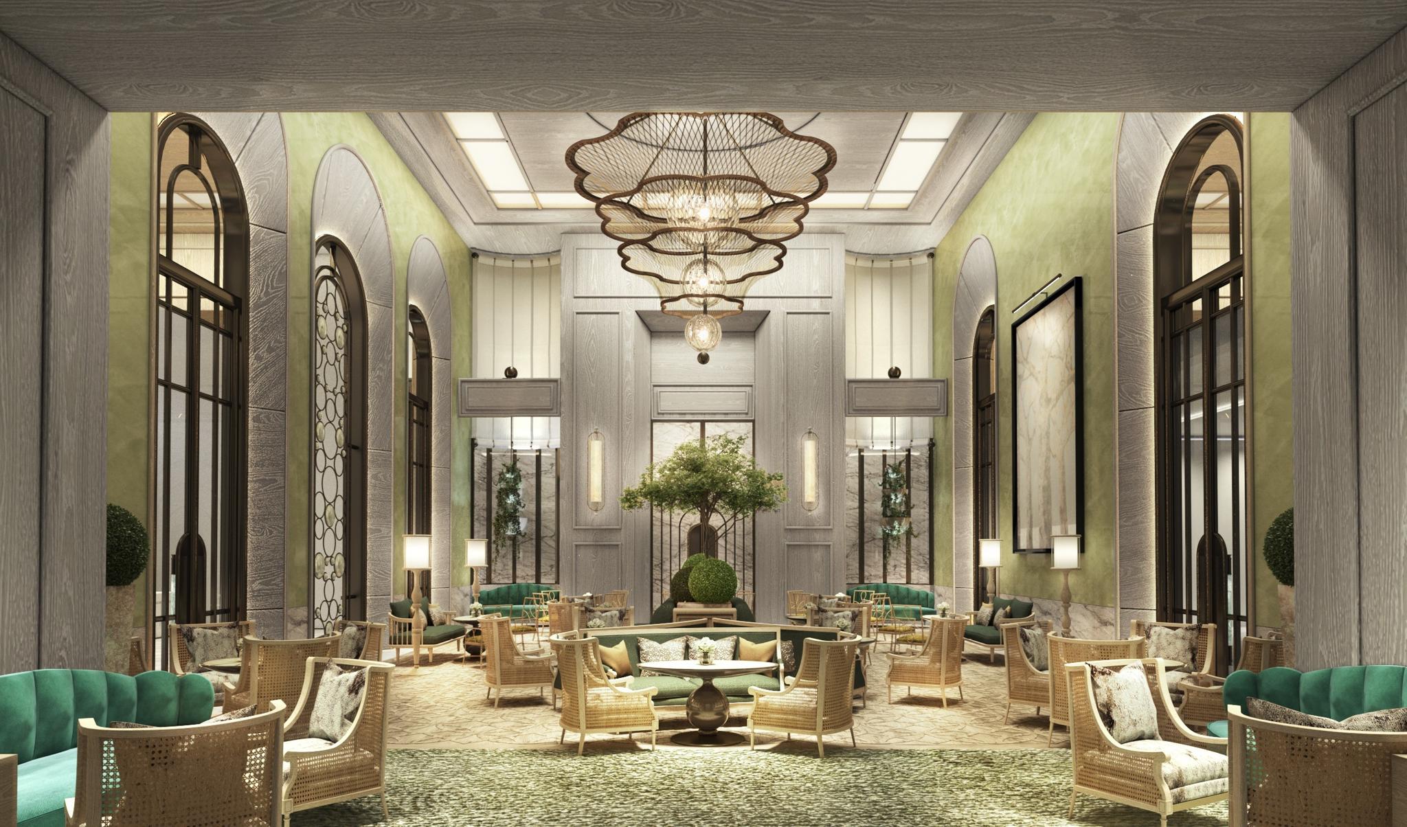 Elegant hotel lobby with chandeliers, arched windows, and lounge seating