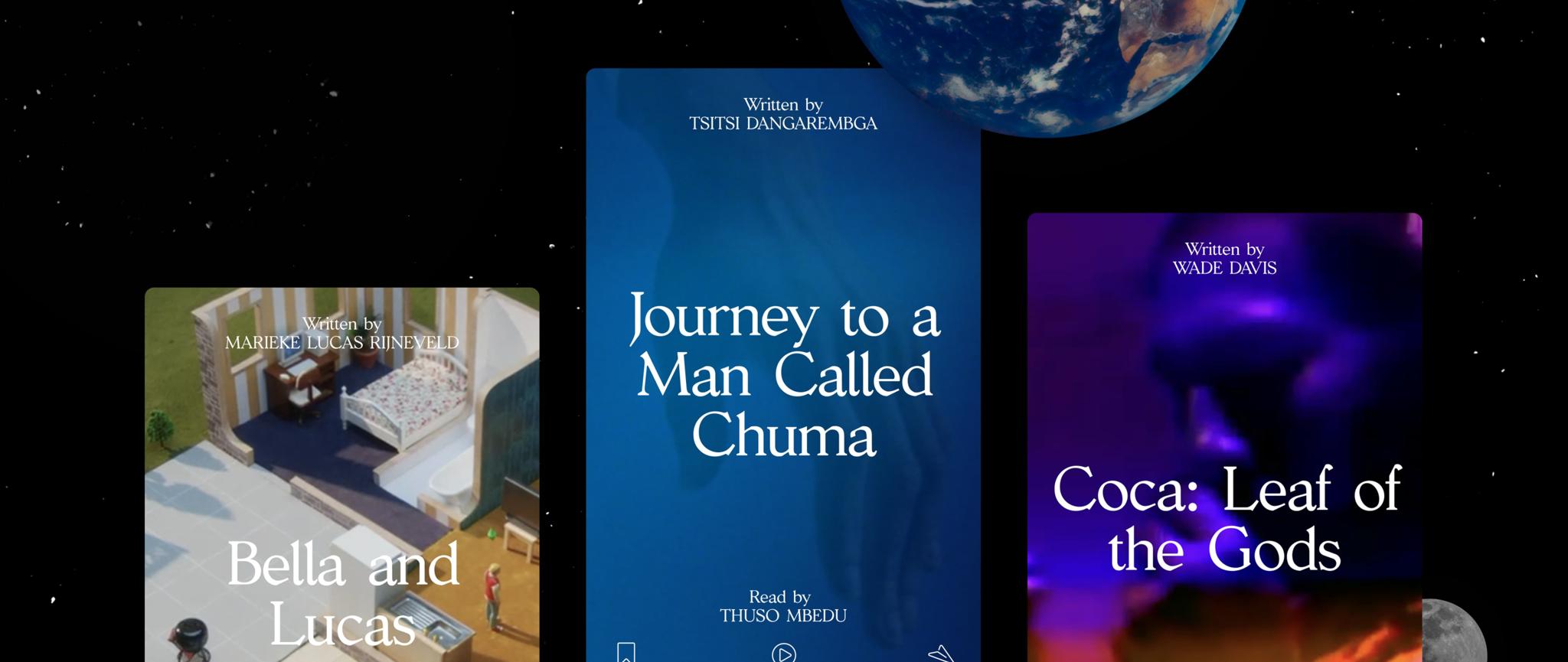 Three floating story cards against a starry space background with Earth above.