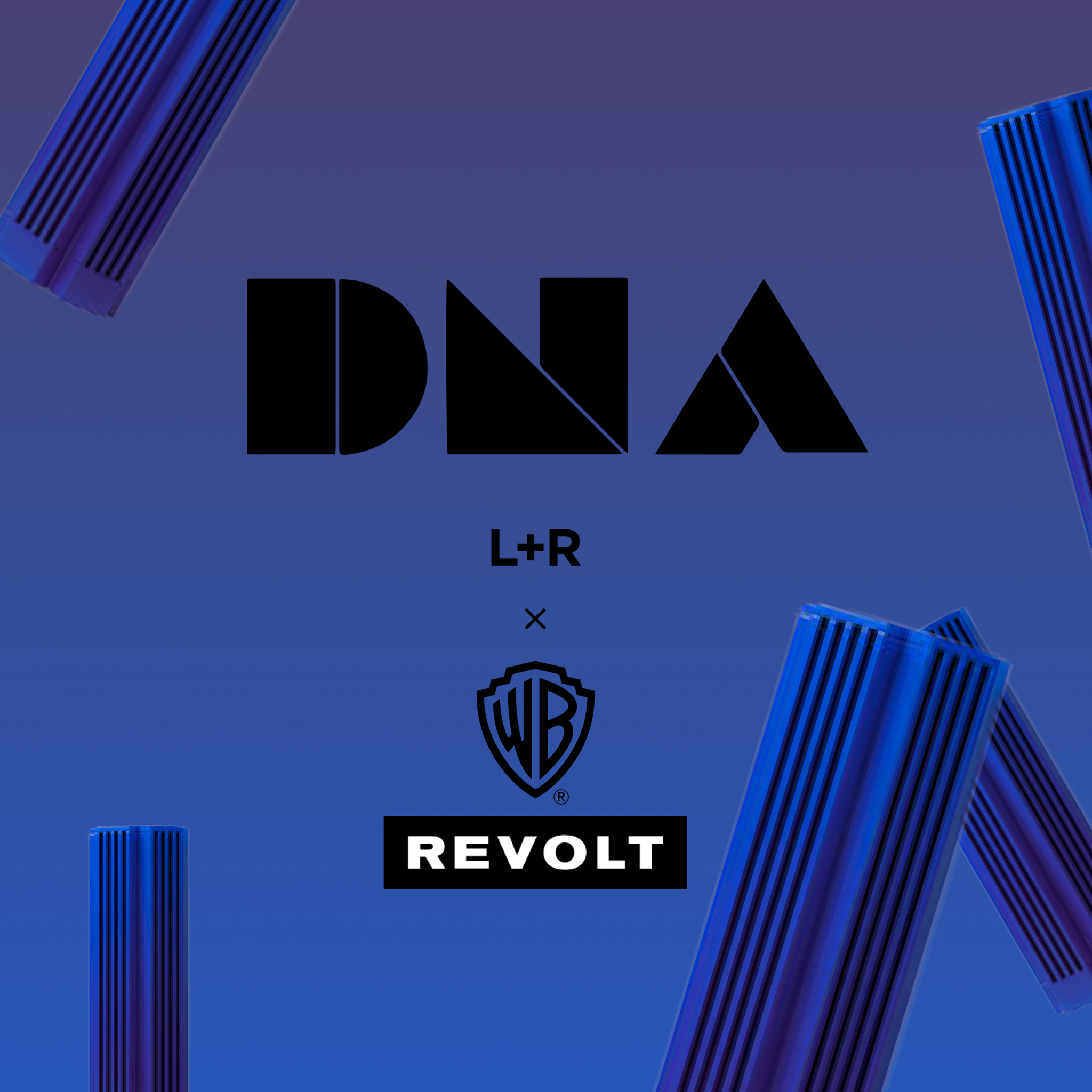 DNA graphic with L+R, Warner Bros. shield, and Revolt logos on a blue background