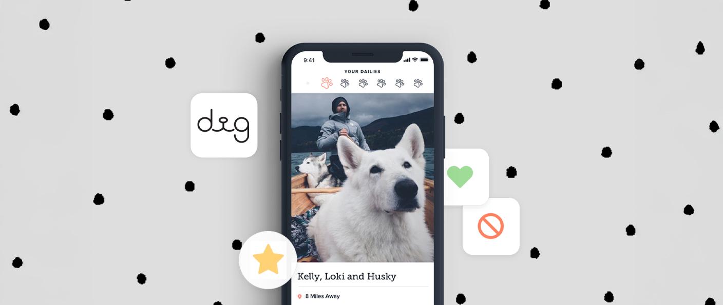 Dog dating app screen featuring a white dog with like and reject icons