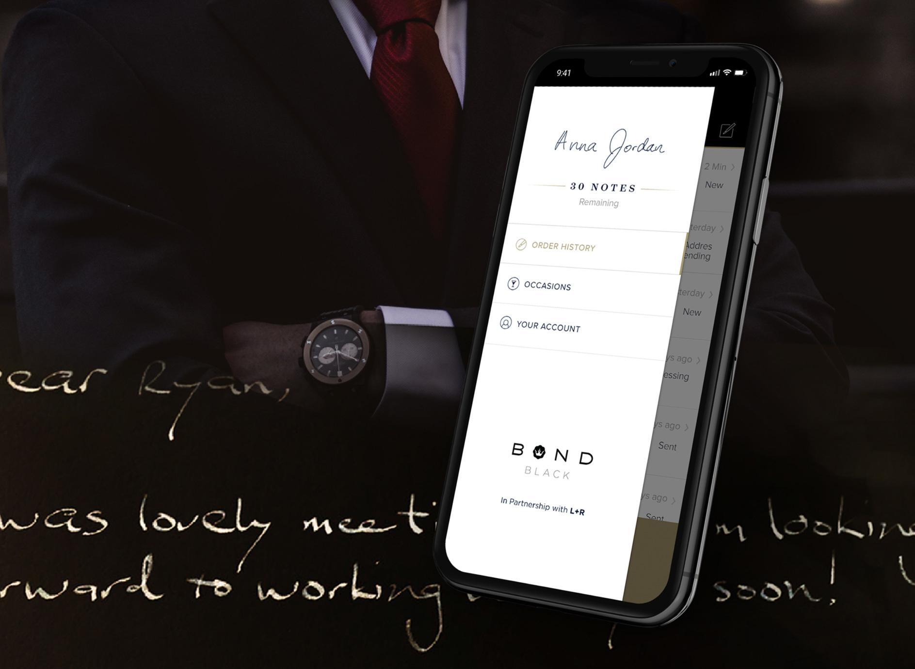 Phone showing the Bond Blanc menu over a dark handwritten note background