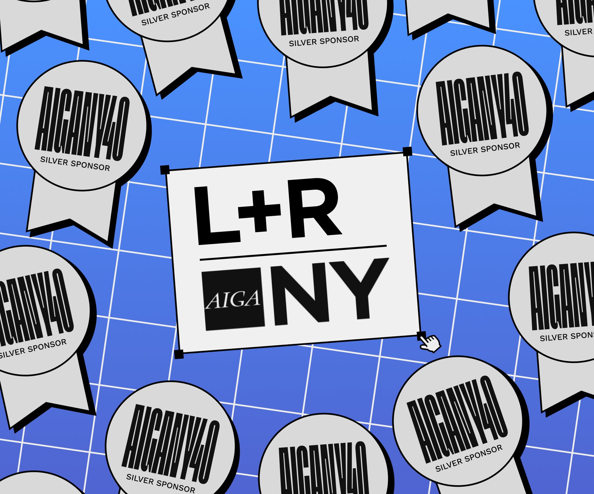 AICANY40 silver sponsor badges around an L+R and AIGA NY logo card
