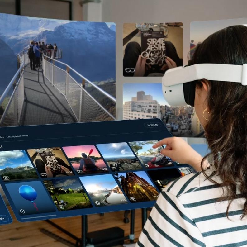 Person wearing a VR headset selecting media in a virtual gallery