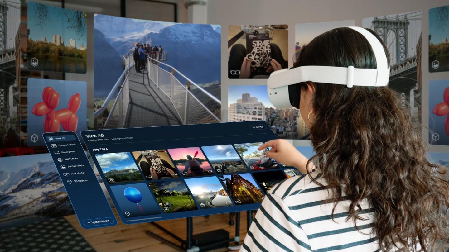 Person in a VR headset using a floating media browser interface
