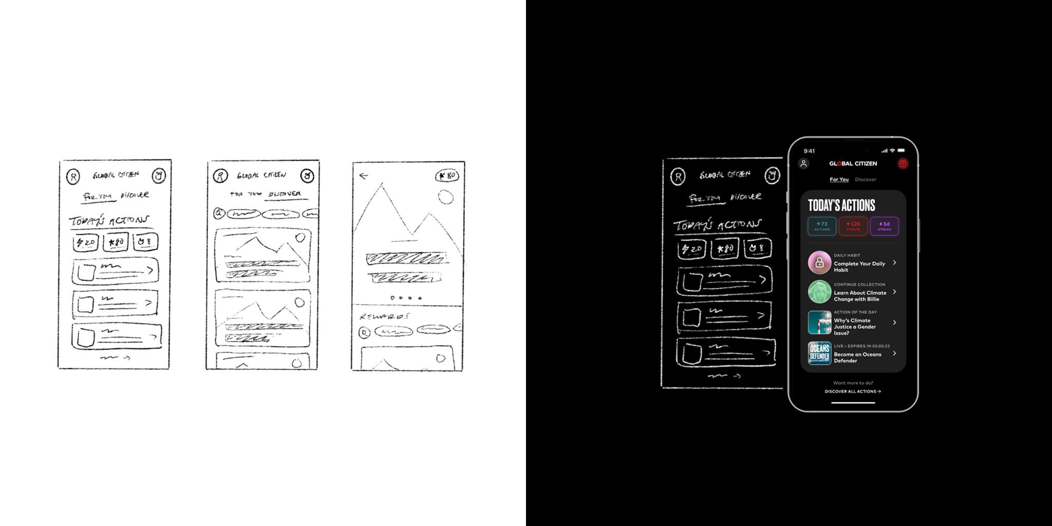 Hand-drawn mobile app wireframes beside a dark-themed app screen mockup for an action tracker