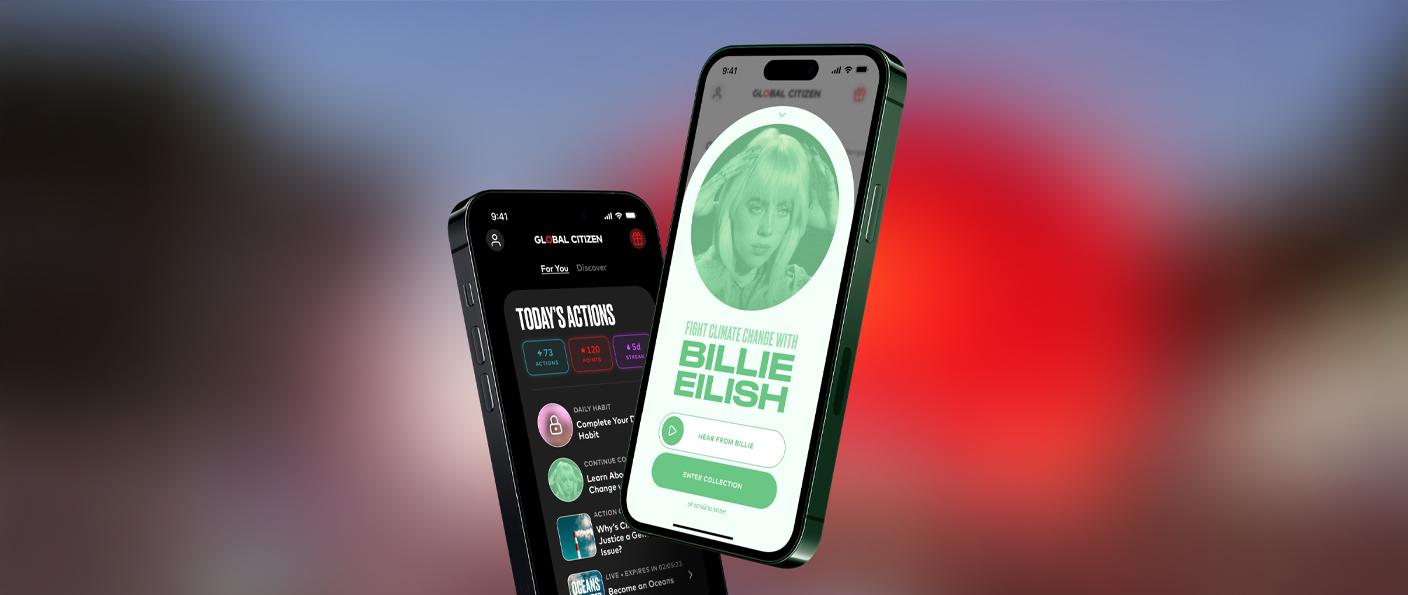 Two smartphones showing concert ticket transfer screens, one with Billie Eilish ticket, against blurred background