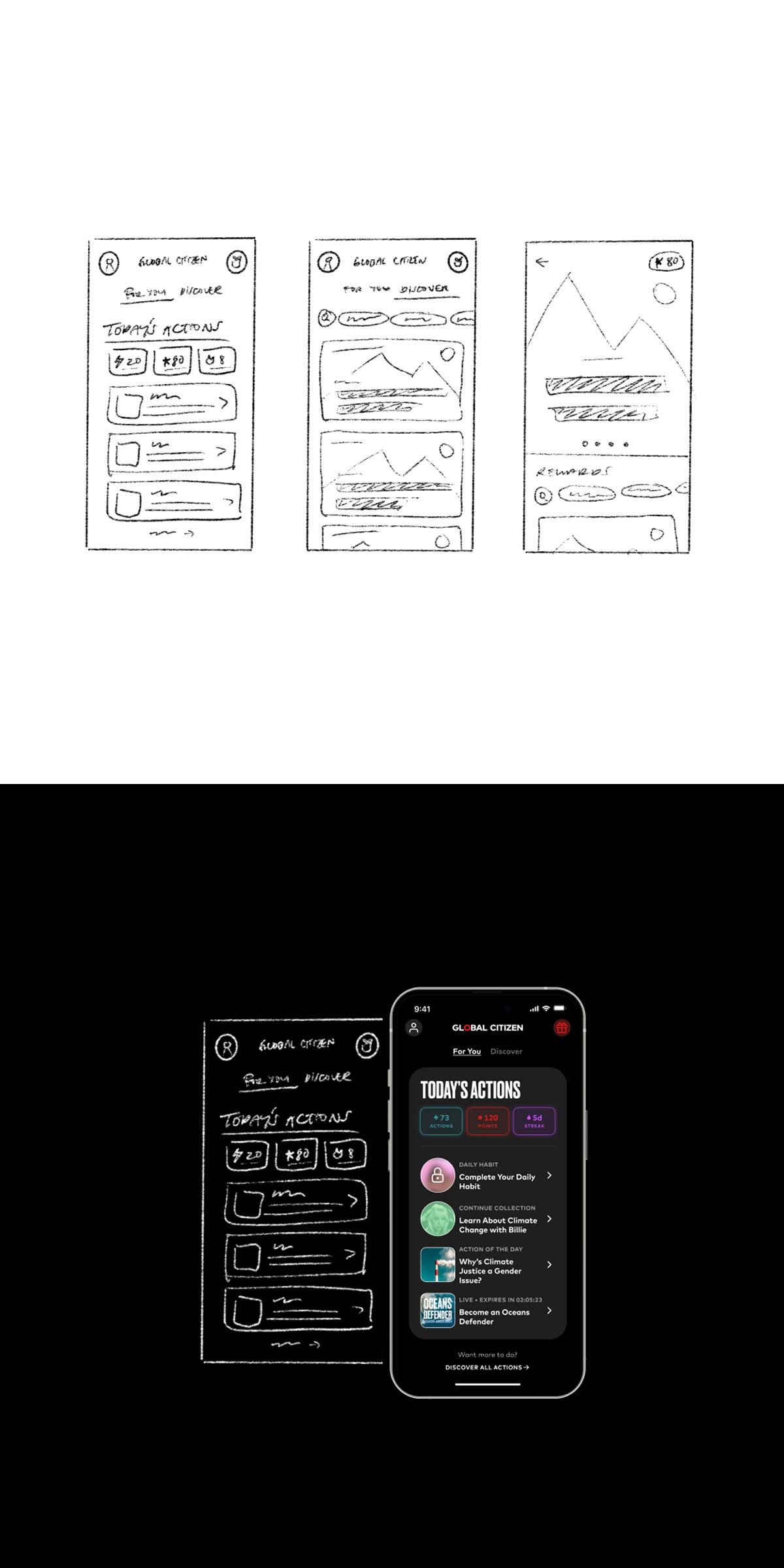 Mobile app wireframes and a finished dark-themed Global Citizen actions screen mockup