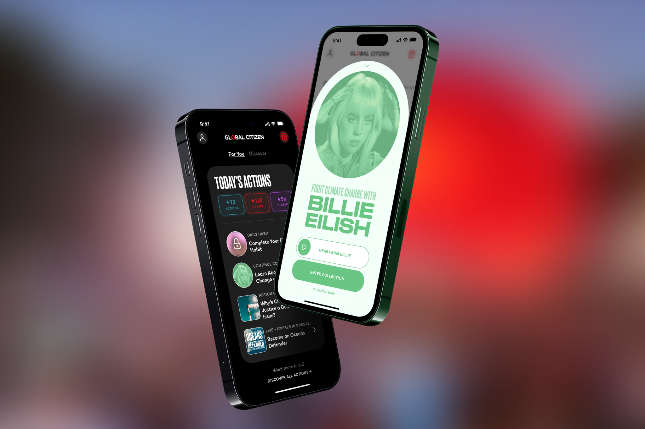 Two floating phones showing the Global Citizen app and Billie Eilish campaign
