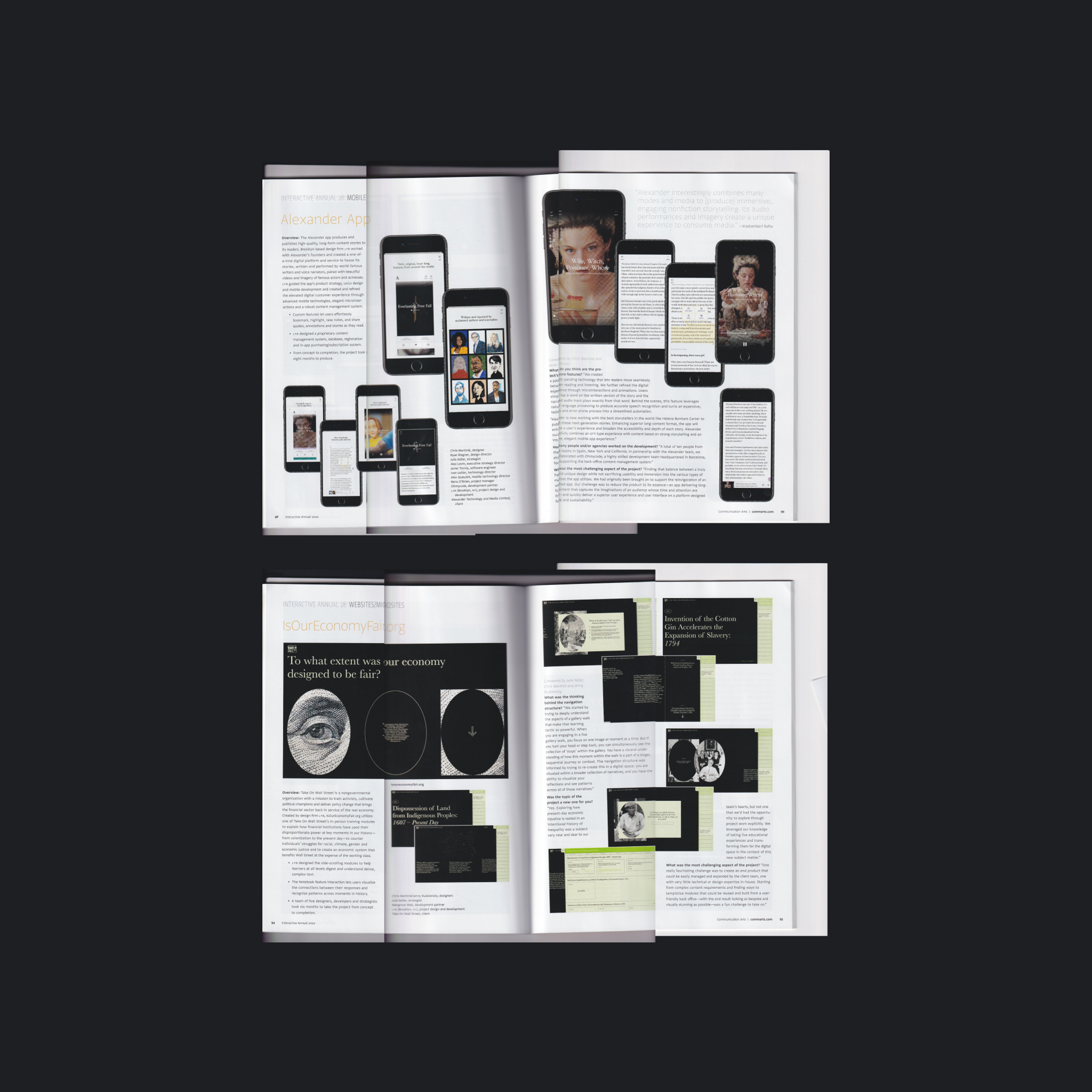 Open magazine spreads showing mobile and web design case studies