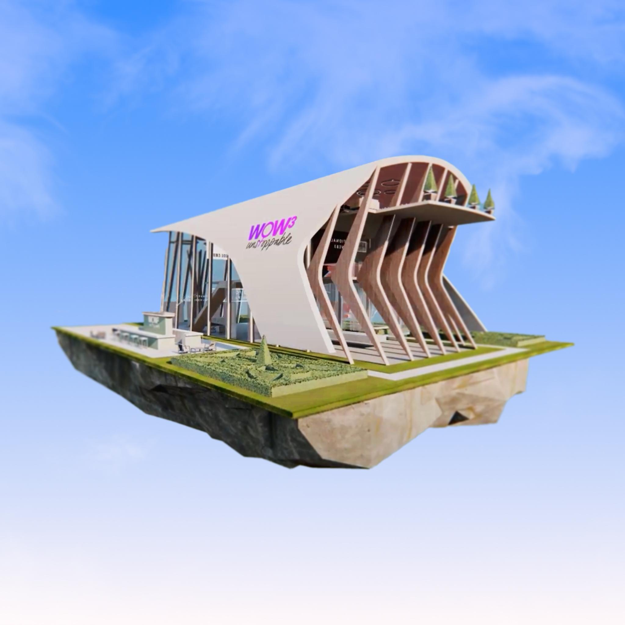 Futuristic WOW3 building on a floating island against a blue sky
