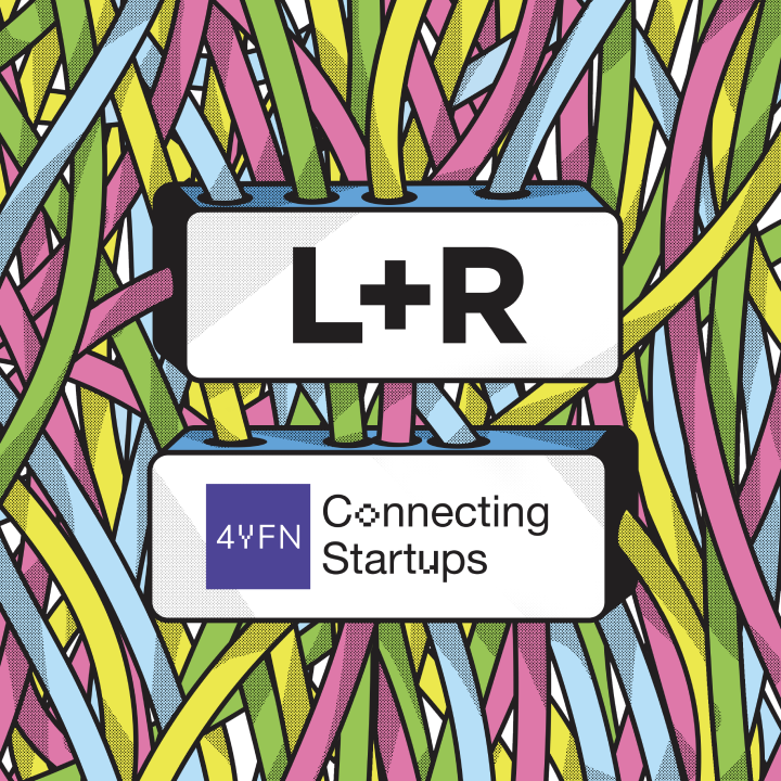 L+R and 4YFN Connecting Startups logos amid colorful interwoven ribbons