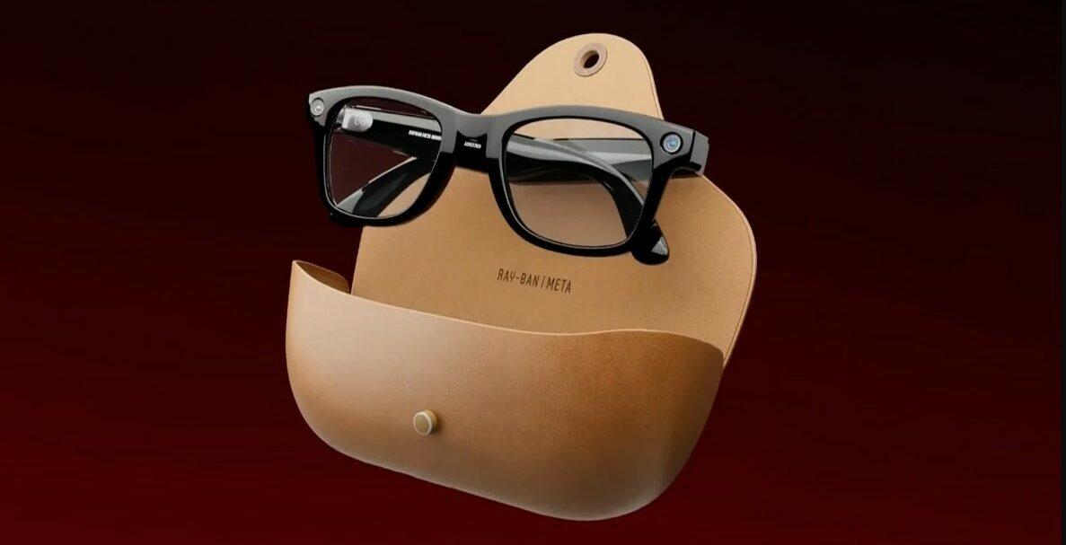 Black eyeglasses resting on a tan leather case against a dark red background