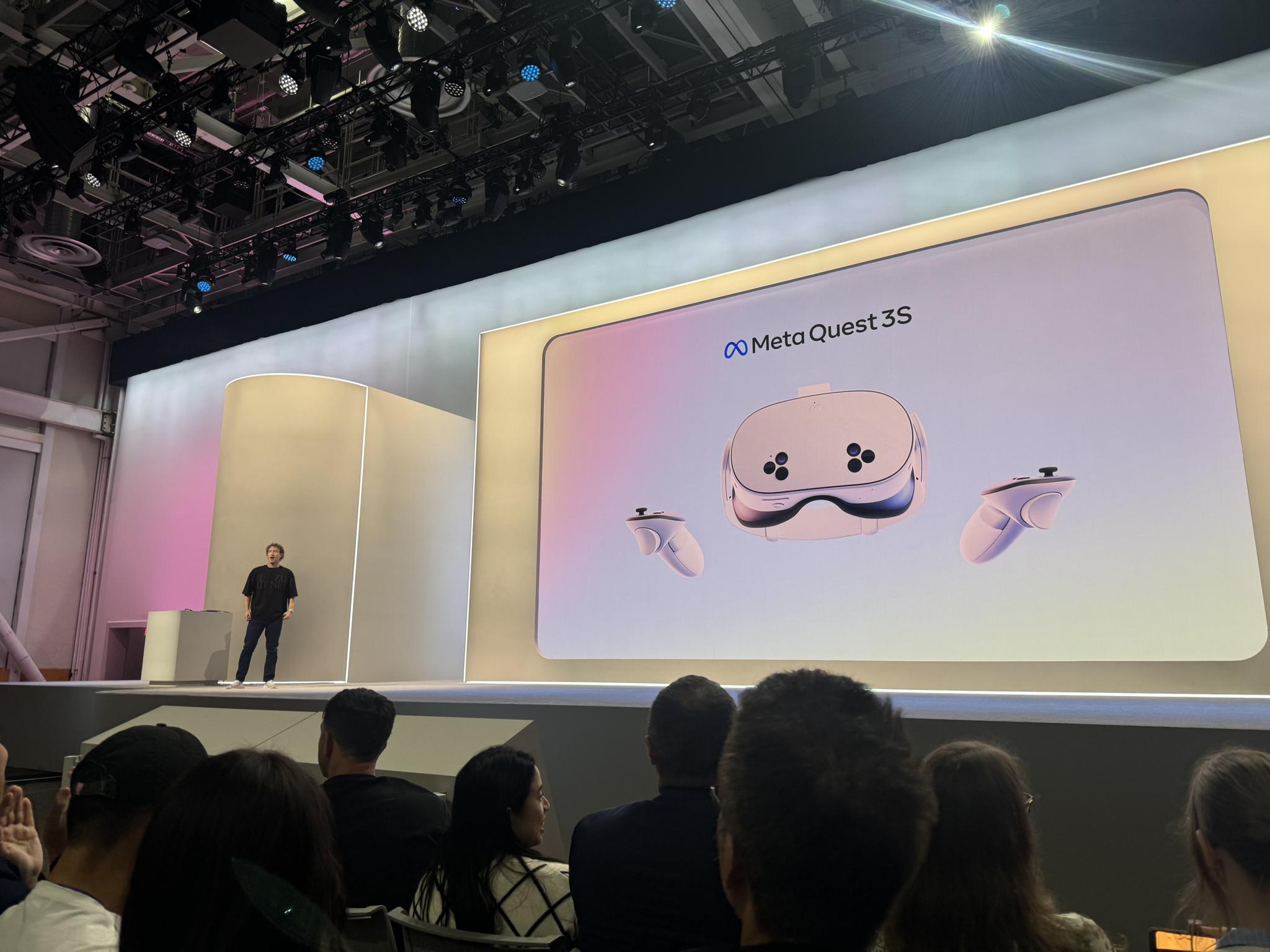 Meta Quest 3S headset and controllers shown on a keynote screen