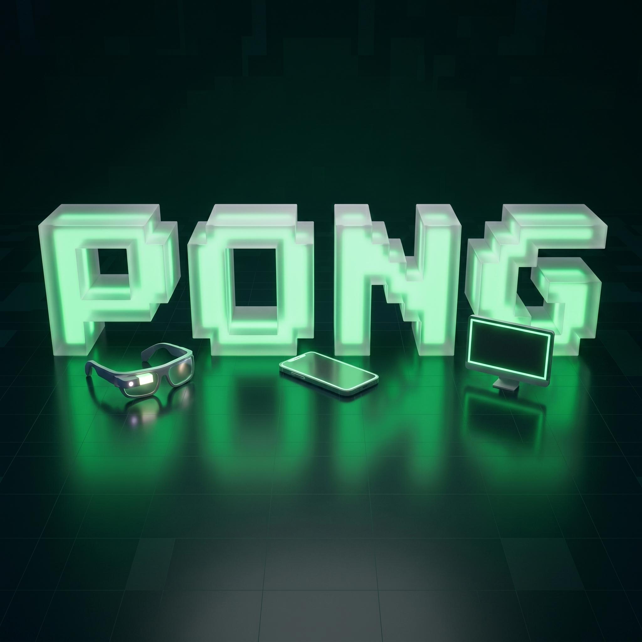 Glowing green PONG logo on a dark background