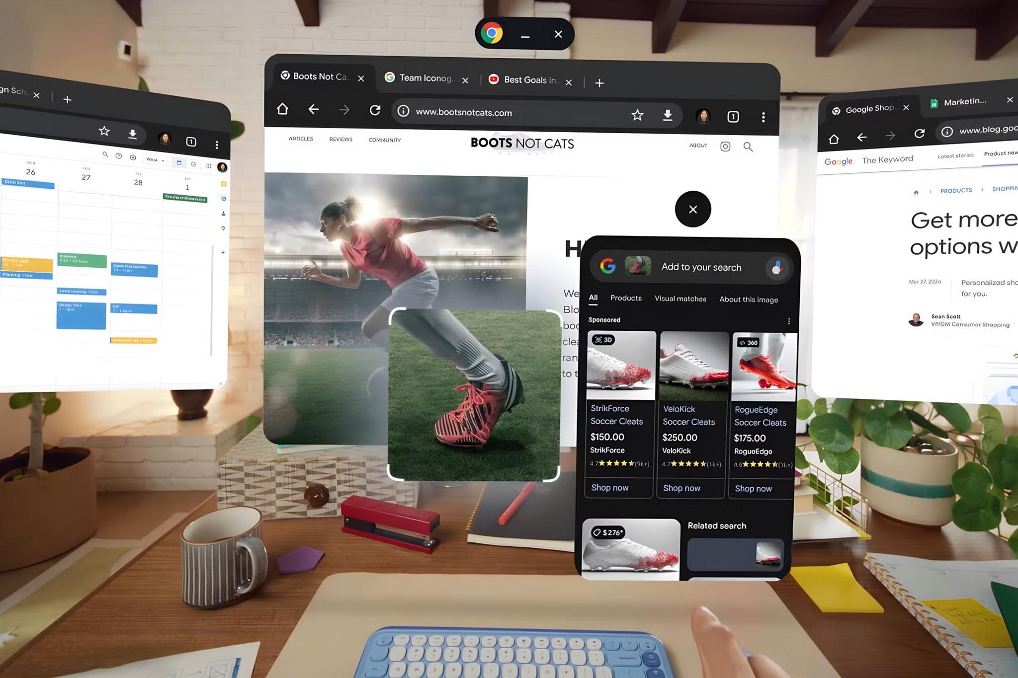 AR desktop with floating browser windows showing calendars, sneaker shopping, and a sports page over a desk