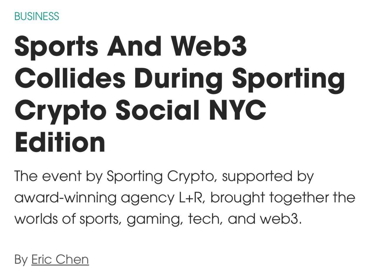 Article headline about sports and Web3 colliding during Sporting Crypto Social NYC Edition