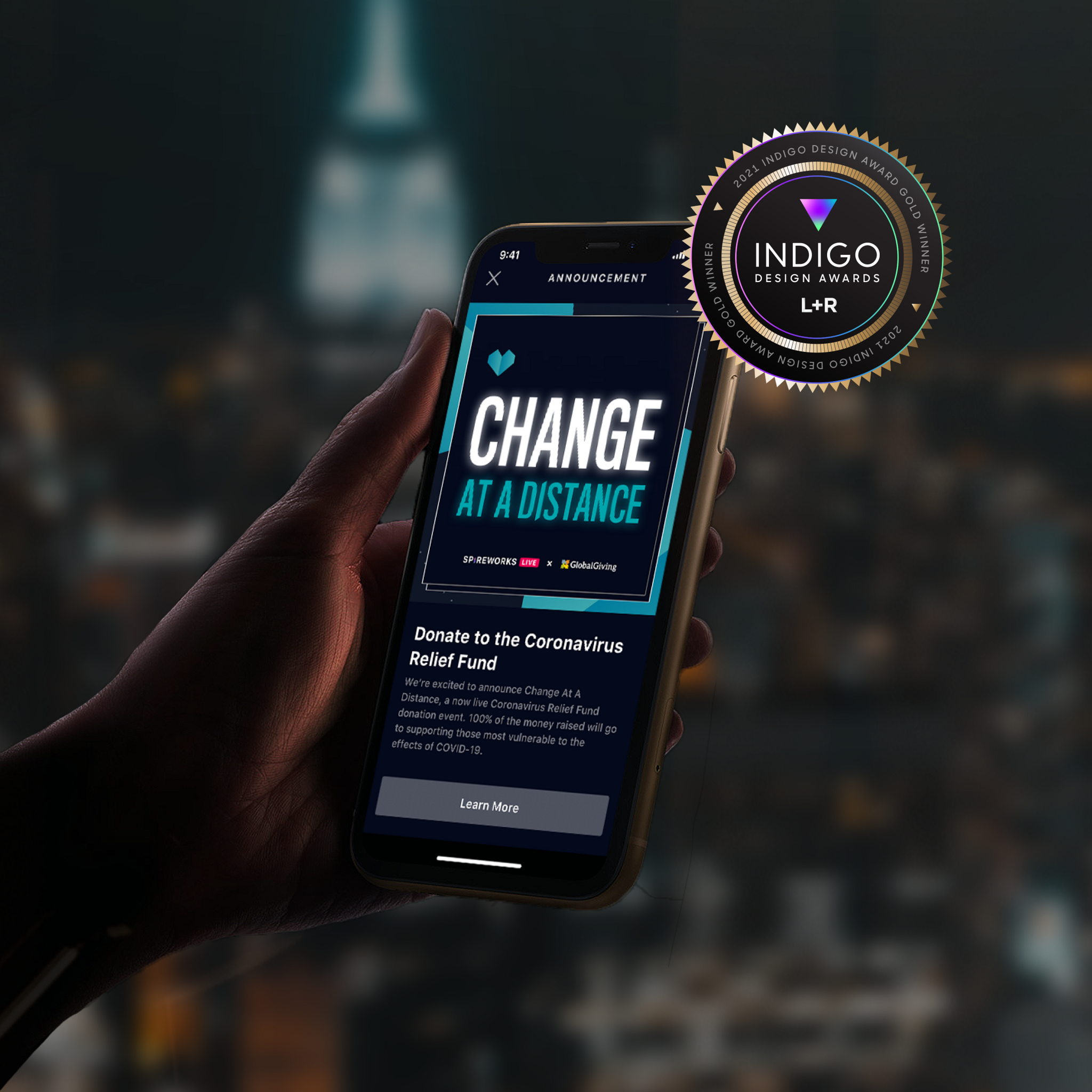 Hand holding a phone with "Change at a Distance" fundraiser screen and award badge