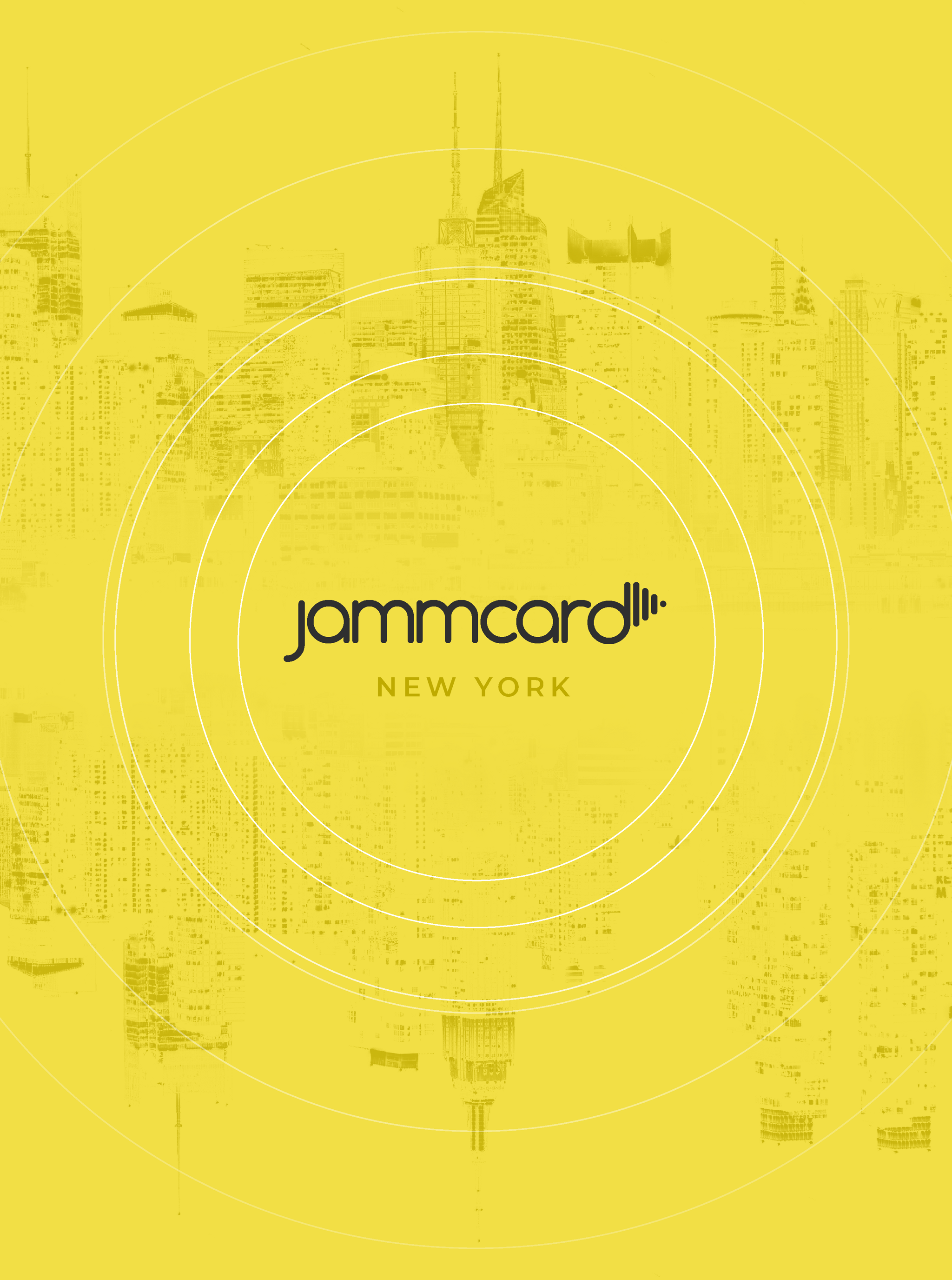 Jammcard New York logo on yellow city skyline graphic with concentric circles