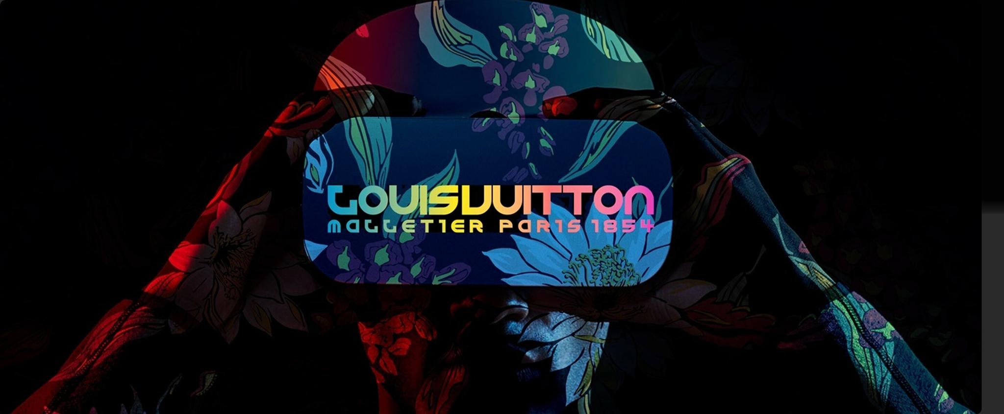 Louis Vuitton-branded floral virtual reality headset in dramatic lighting