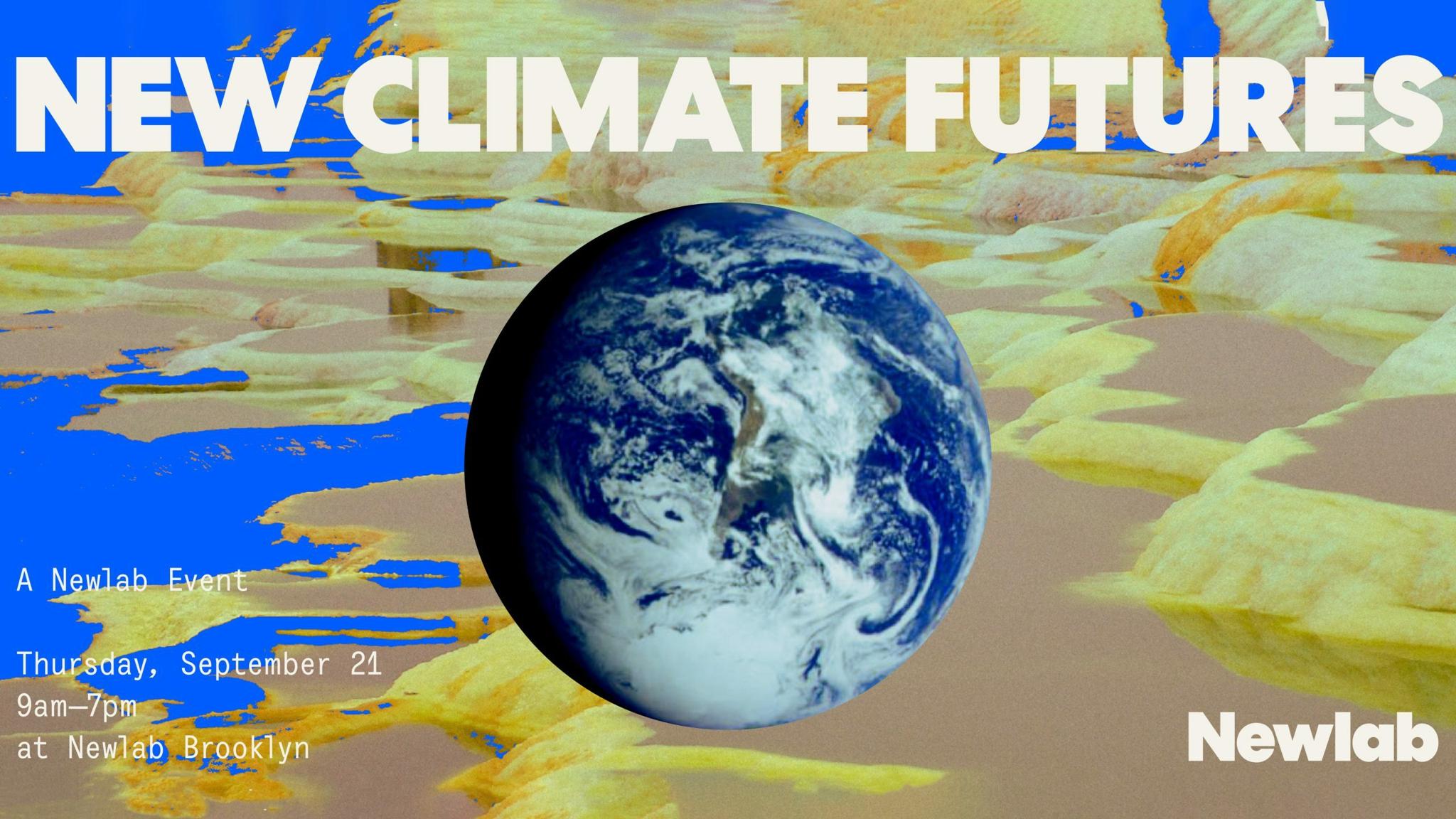 New Climate Futures event graphic with Earth over a desert-like landscape