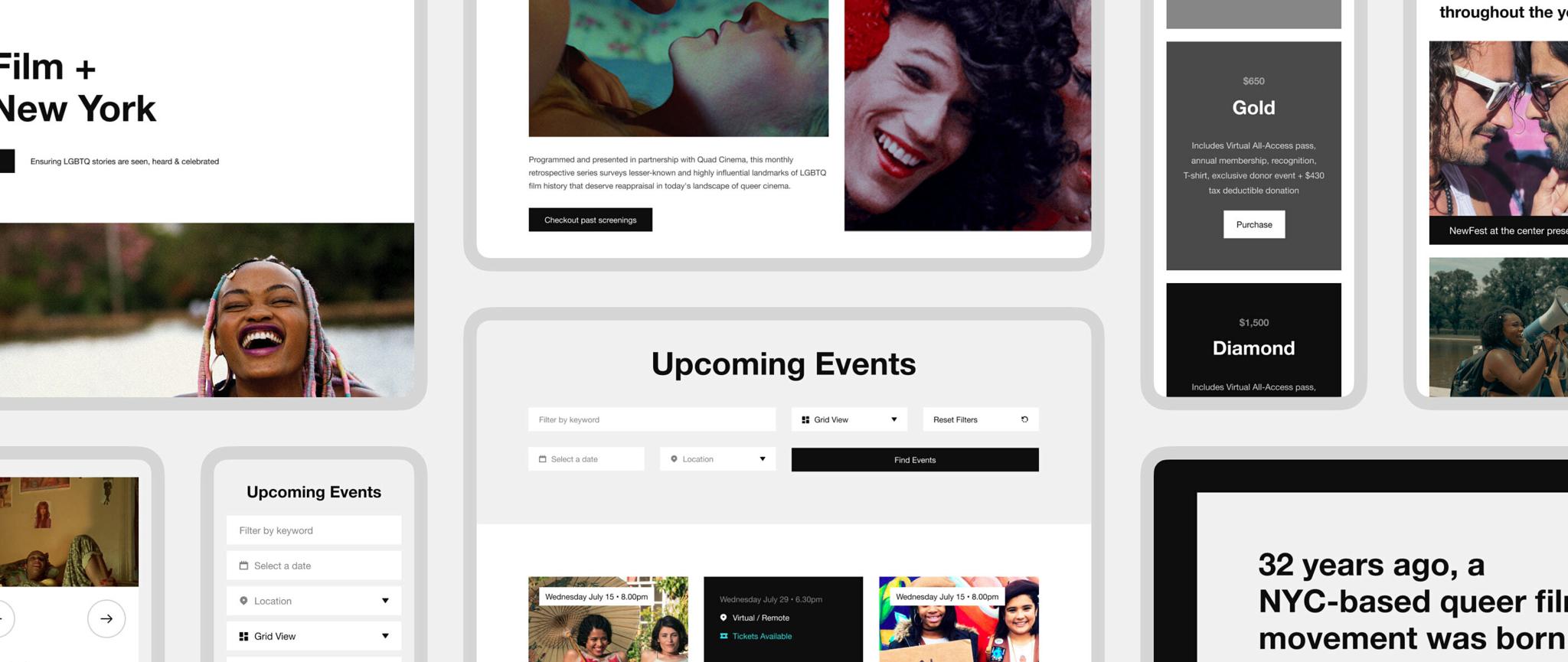 Wide collage of NewFest website page designs in rounded browser frames